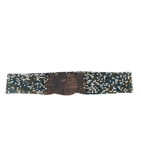 Vintage Beaded Stretchy Wide Waist Belt Wood Buckle Green Cream Gold